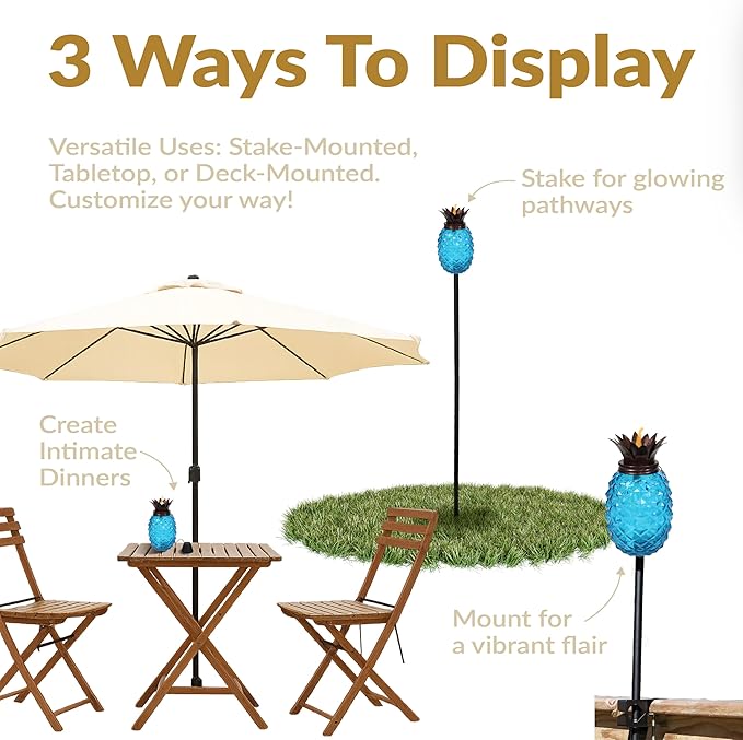 Sunnydaze Tropical Pineapple Glass Patio Torches Set of 2 - 23 to 63-Inch Outdoor Lawn Torch, Garden, Deck & Backyard - Blue