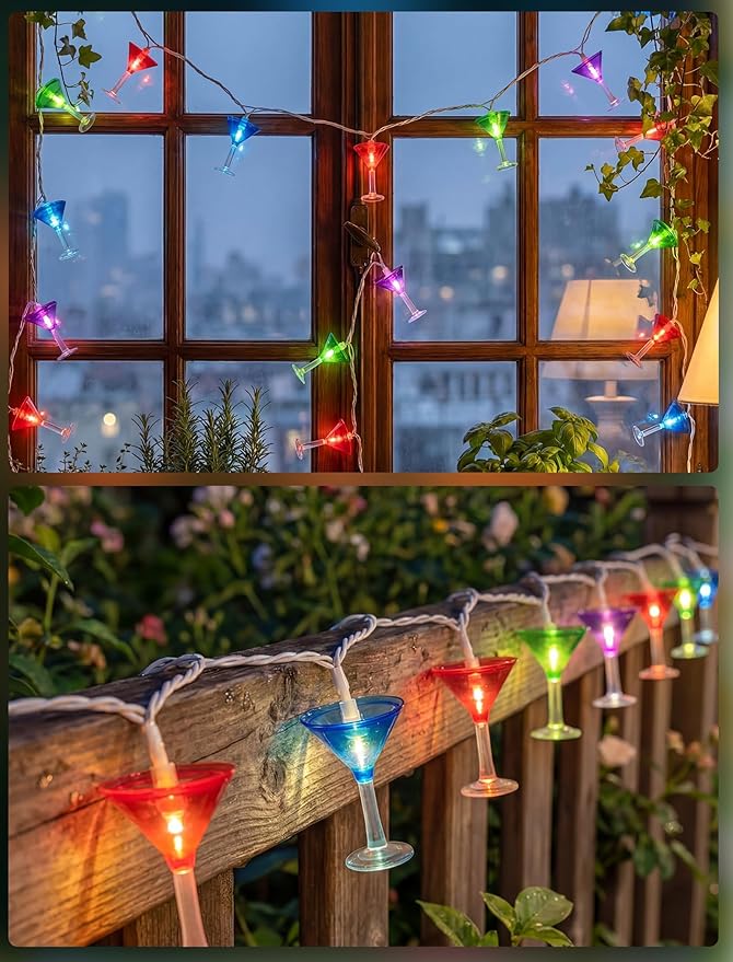 LED Cocktail Glass String Lights, 8.5Ft Tropical Beach Themed Margarita Drink String Lights Plug in with 10 Multicolor Cup, Summer Hawaiian Lights for Camping Tent Holiday Party Garden Outdoor Decor