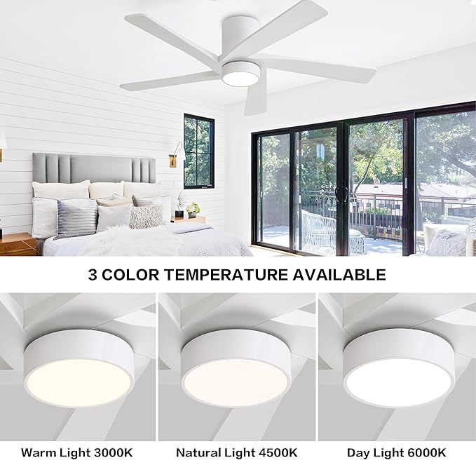 WINGBO 54 Inch Flush Mount DC Ceiling Fan with Lights and Remote, 5 Reversible Carved Wood Blades, 6-Speed Noiseless DC Motor, Hugger Ceiling Fans in White Finish, Low Profile Ceiling Fan, ETL Listed