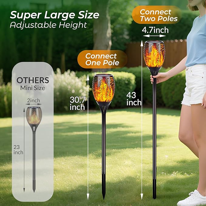 Walensee Solar Tiki Torches with Flickering Flame,96 LED Solar Torch Lights Outdoor Waterproof,43" Tall Super Larger Size Tiki Torches for Outside Garden Patio Yard, 4Pack