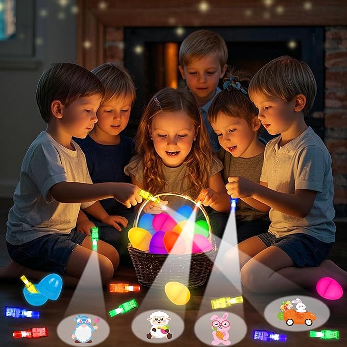 24 Prefilled Easter Eggs with Finger Lights Egg Fillers, Easter Basket Stuffers Gifts for Toddler Kids Teens Plastic Glow In The Dark Easter Eggs Filled Toys for Kids Boys Girls Party Favors Egg Hunt
