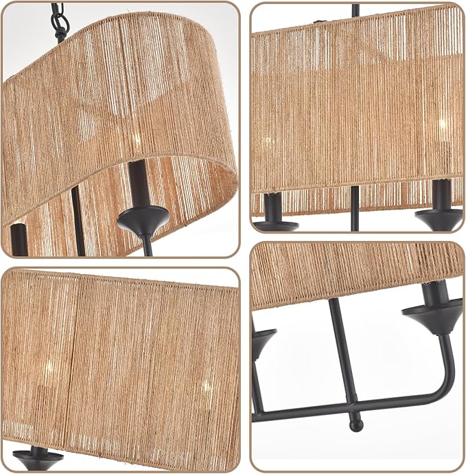 42” Hand Woven Rattan Pendant Light Linear Large Island Light Boho Chandelier for Dining Room Kitchen Island Living Room, UL Listed