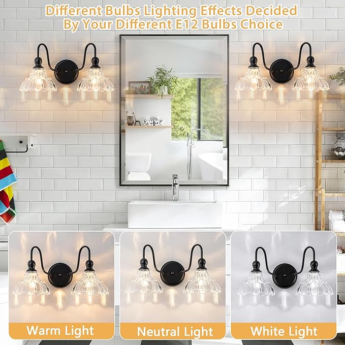 Vintage Bathroom Light Fixtures Over Mirror, 2-Light Black Wall Sconce Lighting with Flower Glass Shade, Farmhouse Vanity Lights for Bedroom Kitchen Living Room Hallway Light