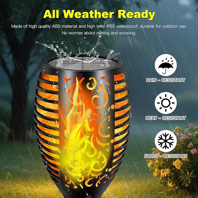 4 Pack Solar Lights Outdoor Larger 96 LED Solar Tiki Torches with Flickering Flame Upgraded Taller 43" Outdoor Lights Waterproof for Garden Patio Yard Pathway Outside Halloween Decorations