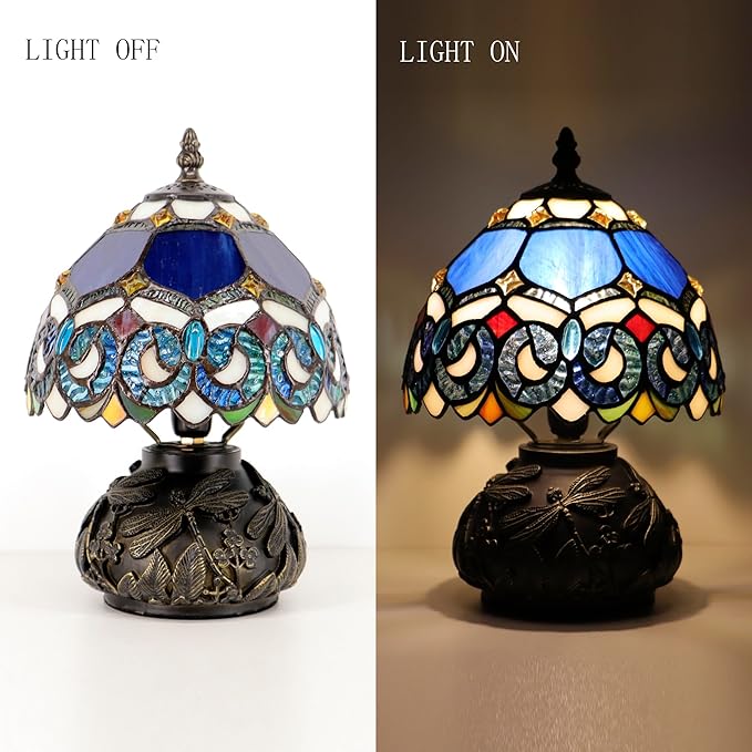 Small Tiffany Mushroom Table Lamp,Mini Memory Sympathy Antique lamp 8X11 Inch (Blue Baroque)