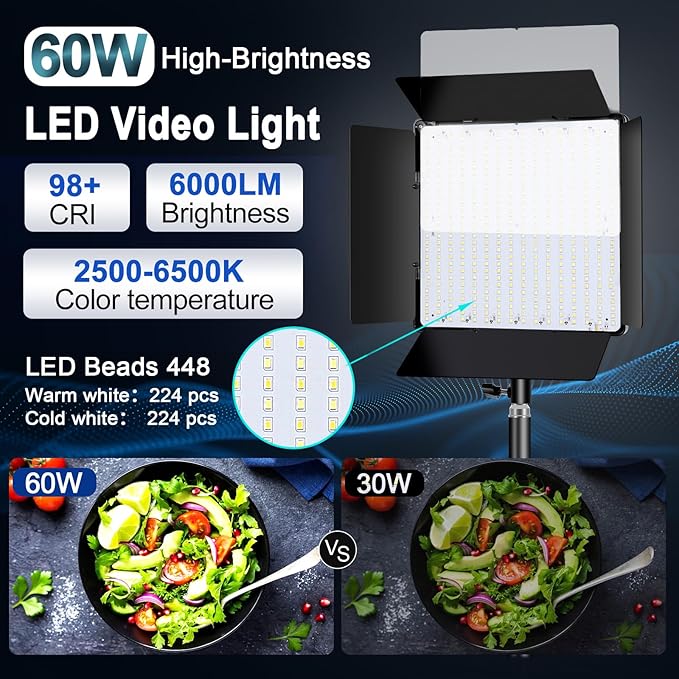14" LED Studio Lights，60W Photography Lighting Kit，2800-6500K Dimmable Photo Video Light for YouTube,Video Recording,Game Streaming