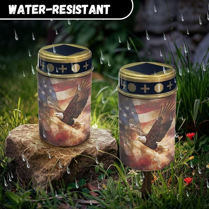 Eagle Flag USA Flag Prayer Cemetery Solar Lights for Grave Cemetery Decor Candle Lamp Cross and Floral Grave Solar Lights
