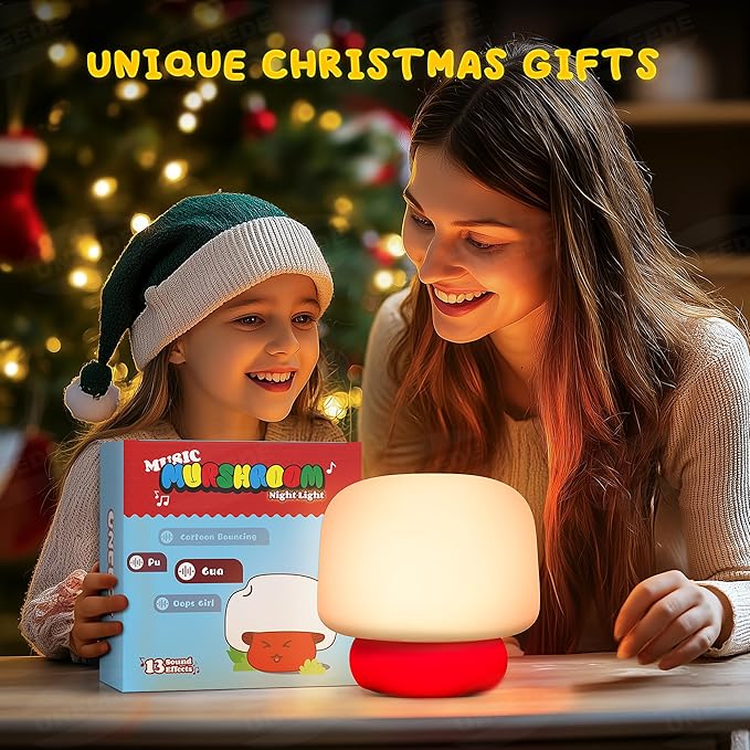 UNEEDE Mushroom Lamp for Kids Night Light,13 Sound Effects Toddler Night Light as Cute Mushroom Decor, Squishy Nursery Mushroom Night Light with Timer,Christmas Birthday White Elephant Gifts