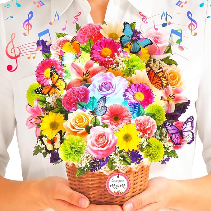 Pop Up Mother's Day Card with Music & Lights, 3D Butterfly Flower Basket Greeting Cards, Elegant Floral Happy Mothers Day Keepsake Gift with Envelope for Mother Wife from Son Daughter Husband