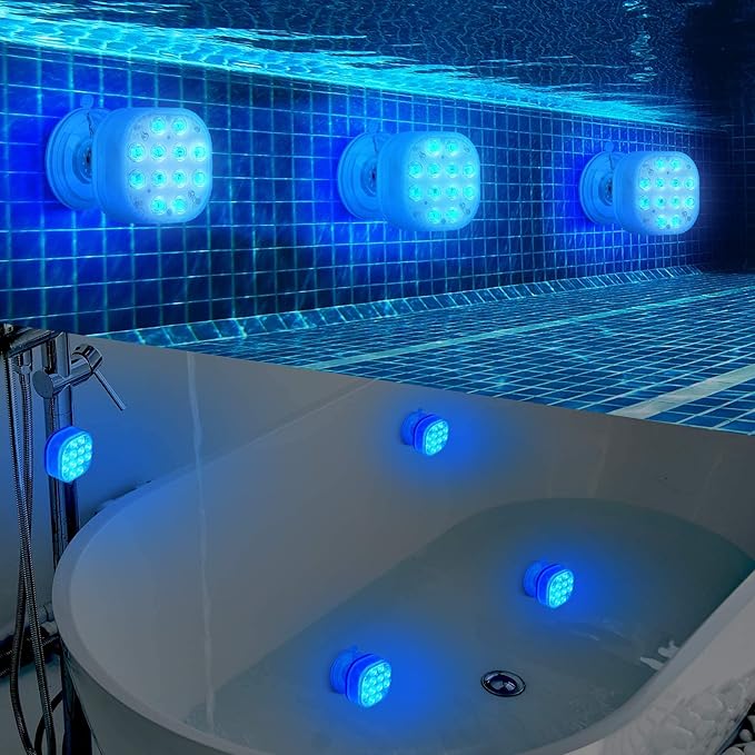 Rechargeable Pool Lights for Above Ground Pools, Led Lights for Inground Pool Waterproof, Submersible Led Pool Lights Underwater with Remote & Suction Cup 16 Colors Magnetic Pond Light 4 Sets