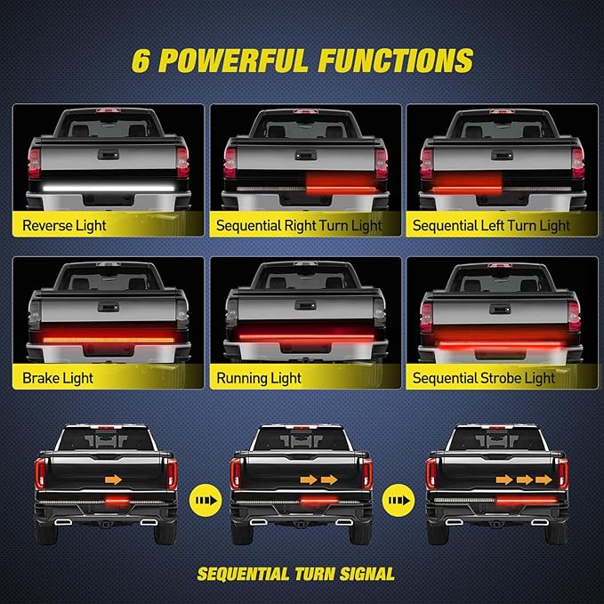Nilight Truck Tailgate Light Strip 48" Aluminum Frame Triple Row 780 LED Bar with Red Running Brake Sequential Turn Signals Strobe Lighting White Reverse