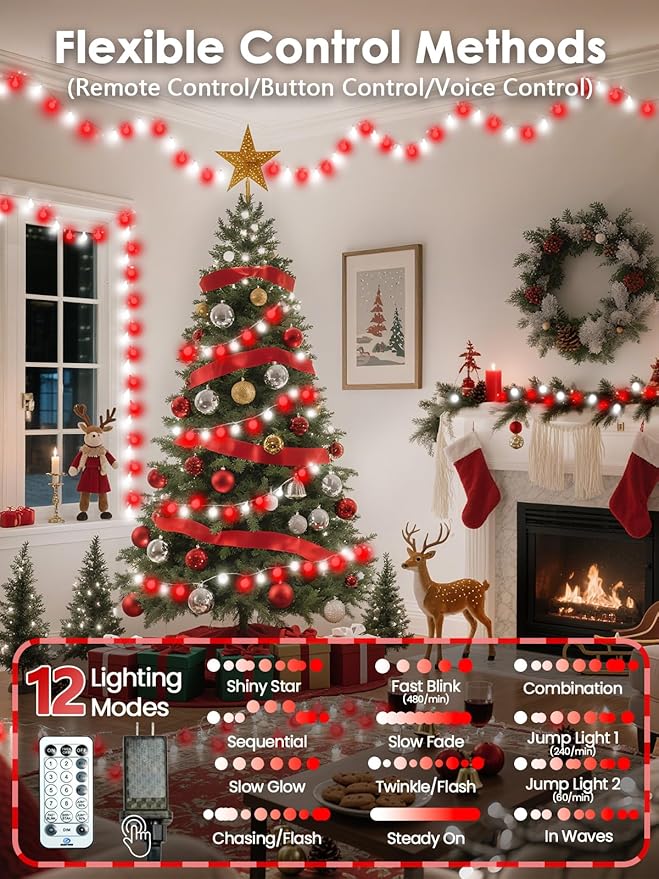 2026 New Connectable 43FT Smart Voice Controlled String Lights Indoor Outdoor | 100LED Red and White Globe Fairy Lights with Remote, 12 Modes Waterproof Hanging Light for Bedroom Classroom Decor