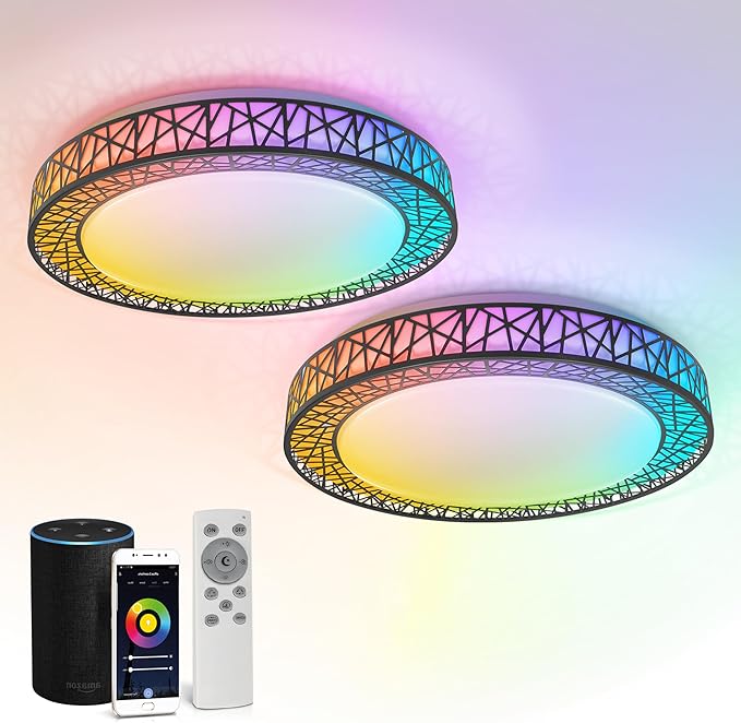ASD 20 Inch Smart RGBW Flush Mount Ceiling Light with Remote - Matte Black 42W 120V 2700-6500K Dimmable Ceiling Light Fixture, WiFi App Control RGB Lights, Alexa & Google Assistant - ETL, 2 Pack