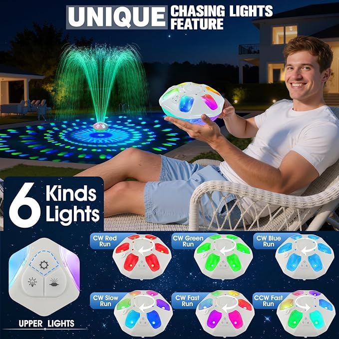 Upgraded Pool Fountain,9000mah Rechargeable Floating Pool Fountain with Light Show,Above Ground Pools Water Fountains Pump with Anchor,Swimming Inground Pools Fountains for Pond-1PC (White)