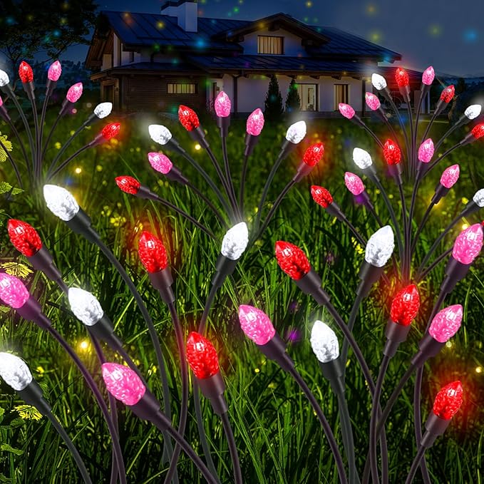 4 Pcs St Patricks Day Outdoor Decorations Solar Lights Waterproof Green 48 LED Swaying Pathway Firefly Stake Lights for Outside Yard Garden Lawn Decorations(Pink White,Pine Cone)