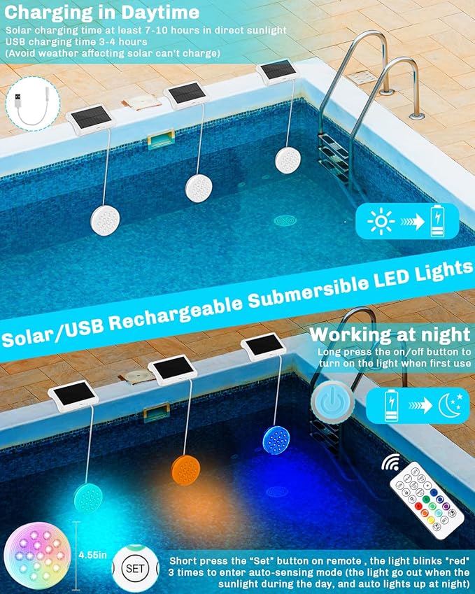 Pool Lights, Upgraded Solar Submersible LED Lights with Remote, 4.55 Inch USB Rechargeable IP68 Waterproof Underwater Light RGB 22 Colors Changing Solar Pool Light with Magnet for Hot Tubs 1 PACK