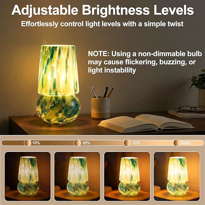 9.8 Inch Mushroom Table Lamp, UL Listed Dimmable Small Desk & Bedside Lamp with Woven Beige Cord, Handcrafted Pattern, Murano Home Decor for Bedroom, Living Room, Entryway (Emerald Teal)