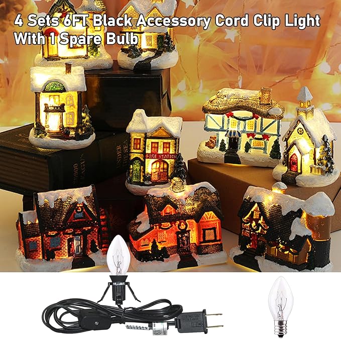 4 Pack Black Accessory Cord with 8Pcs C7 Bulbs (4 for Spare), 6 Feet Clip-in Lamp Cord with On/Off, Light up Halloween Xmas Decor - Lights for Pumpkin Christmas Village House Salt Lamp & Blow Mold