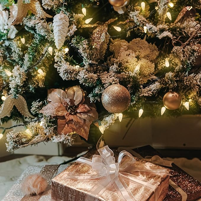 WATERGLIDE C6 Christmas Lights, 33ft 100 LED Faceted String Lights Green Wire Fairy Lights with 29V Safe Adaptor, 8 Lighting Mode, Waterproof for Indoor Outdoor Patio Xmas Tree Party Decor, Warm White