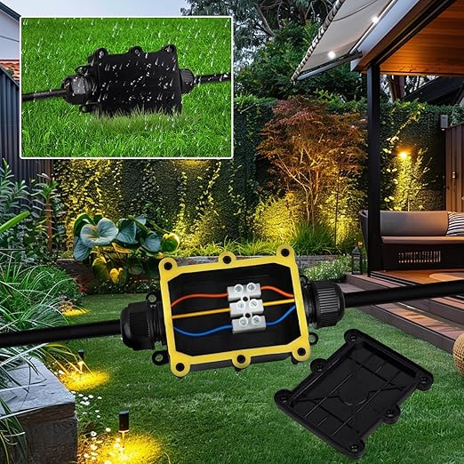 Helunsi Waterproof IP68 External Junction Box, 2 Way Outdoor Junction Box, Underground Plug Line Coaxial Cable Connector Wire Range 5 to 15mm Electrical Power Cord Weatherproof Junction Boxes - Black