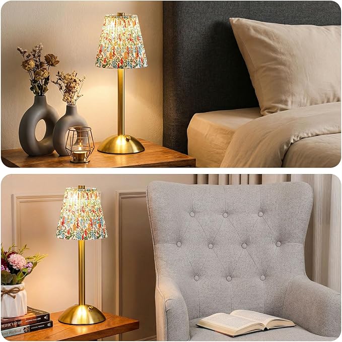 Liliful 2 Pcs Cordless Table Lamp Rechargeable Touch LED Small Gold Portable Battery Operated USB-c Desk Lamp 3 Color Dimmable for Bedroom Living Room Dining (Gold,Floral Style)