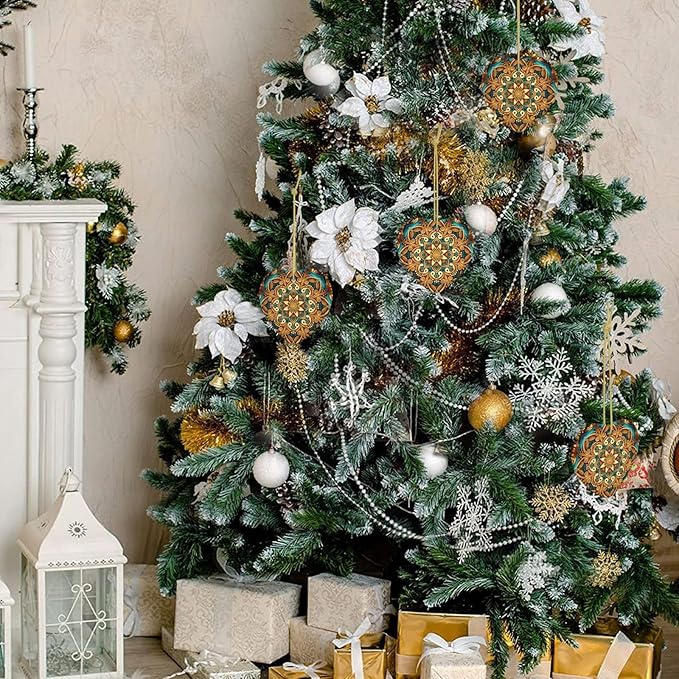Gorgeous Mandala Christmas Ornaments, Christmas Decorations Xmas Tree Hanging Ornaments, Heart-Shaped Ceramic Festive Keepsake Gift for Christmas Decorations Home Holiday Party