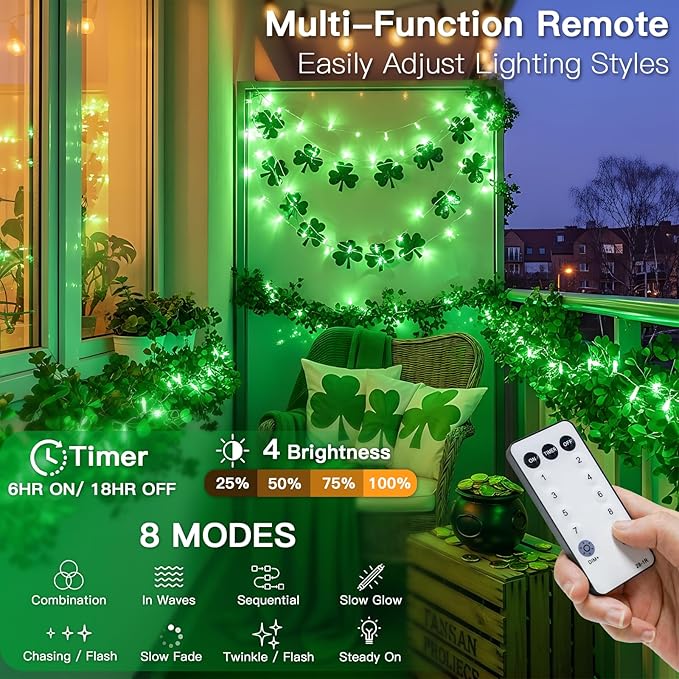 suddus 100 LED Green Christmas Lights with Remote, Clear Wire Green String Lights Plug in, 33ft Waterproof Dimmable Connectable String Lights Outdoor for Tree, Window, St Patrick's Day Decor