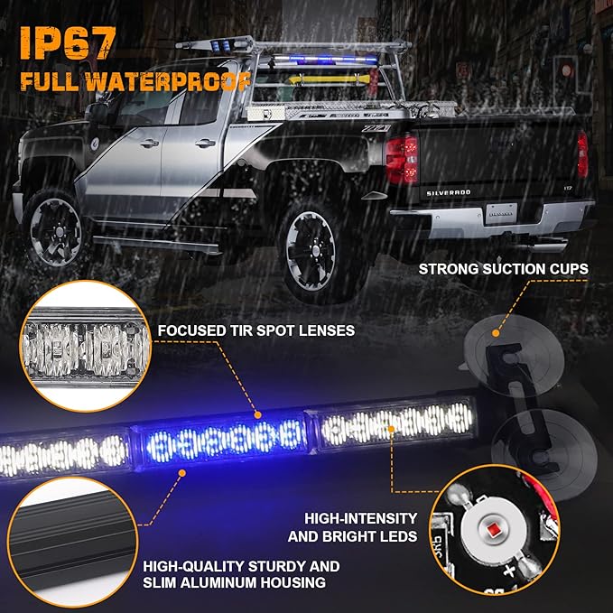 XRIDONSEN 35 inch Blue White Traffic Advisor Light Bar 48 LED Emergency Strobe Lights Safety Warning Front/Rear Window Lights w/Display Controller for Police Firefighter Ambulance Vehicles Trucks