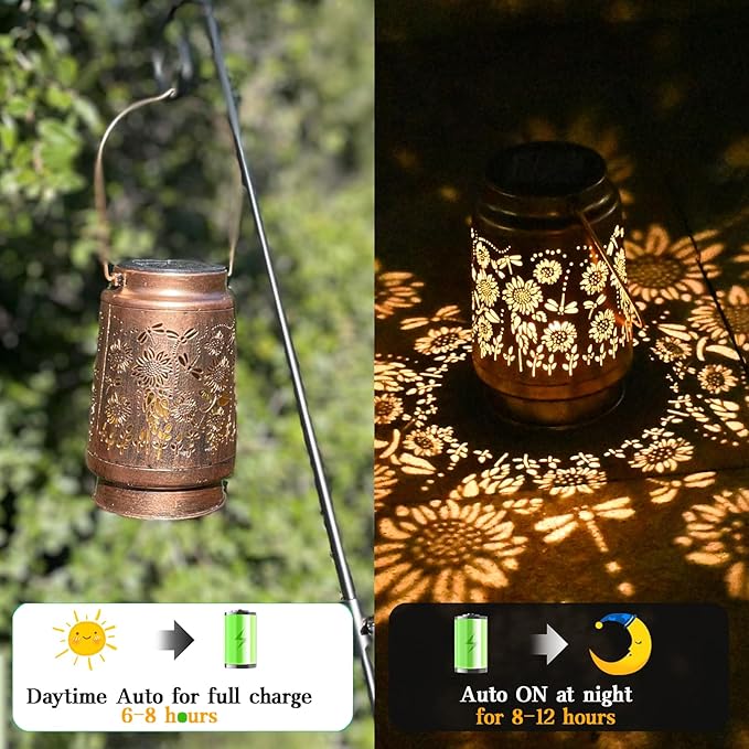 Garden Decoration Outdoor Solar Sunflower Lantern, Waterproof Dragonfly Hanging Solar Lights for Outside, Birthday Gifts for Women, Patio, Yard, Balcony, Deck Decoration,Holiday Gift