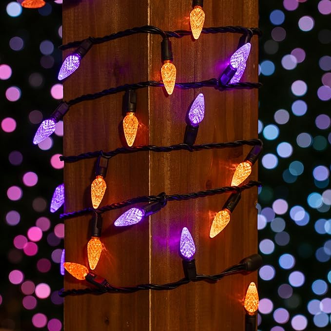 ‎‎‎Novelty Lights 24FT 70 LED C6 LED Halloween String Lights, Outdoor Christmas Tree Commercial Grade LED String Lights, Christmas Lights Outdoor Tree Decorations Outdoor (Purple/Orange)