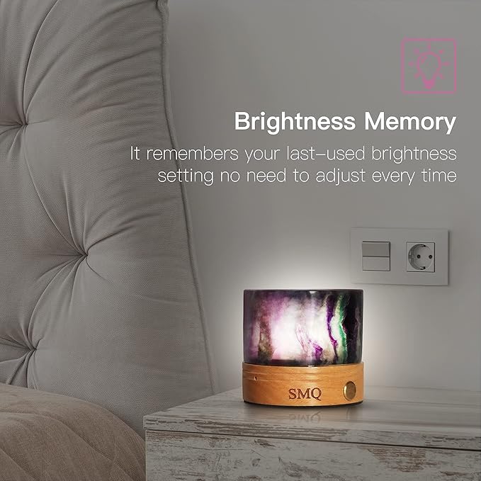 SMQ Rainbow Fluorite Crystal Night Light with USB Charging Port,Handmade Polished Natural Stone Cylindrical Touch Night Lamp with Wooden Base for Living Room,Shelf,Office