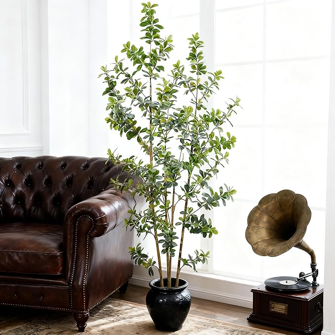 Premium 4 Main Trunks 7 ft Faux Black Olive Tree, Realistic Olive Trees Artificial Indoor, Low-Maintenance Fake Tree, Ideal Artificial Tree for Home Office Décor (Greens, 7 ft)