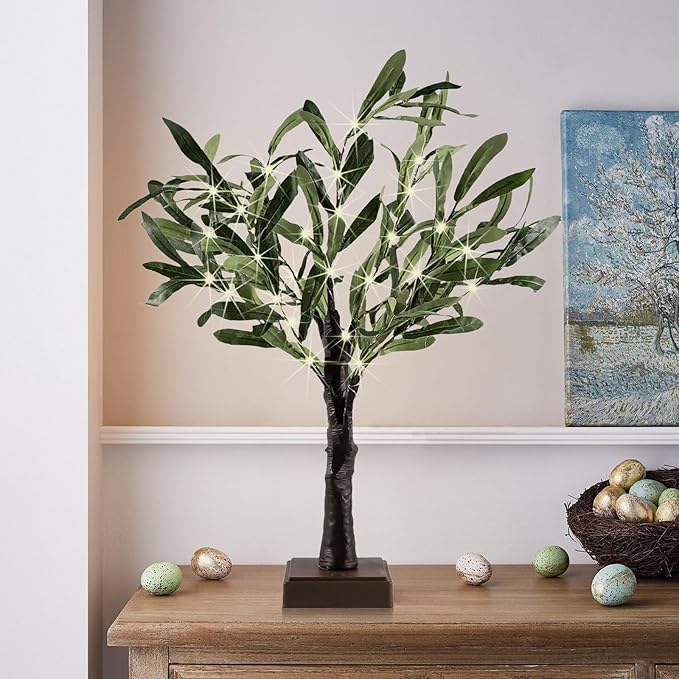 2FT Easter Olive Tree with LED Lights, 30 LED Artificial Twinkle Tree with Timer, Lighted Greenery Tree Bonsai Fairy Tabletop Lamp Tree for Home Decor