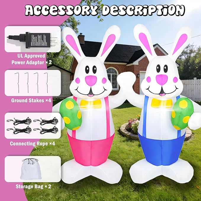 Dearsun Set of 2PCS, 6.2FT H Lovely Easter Inflatable Bunnies Holding Easter Egg, Easter Bunny Blow up Yard Decorations Giant Bunny for Holiday Party Indoor Outdoor Decorations