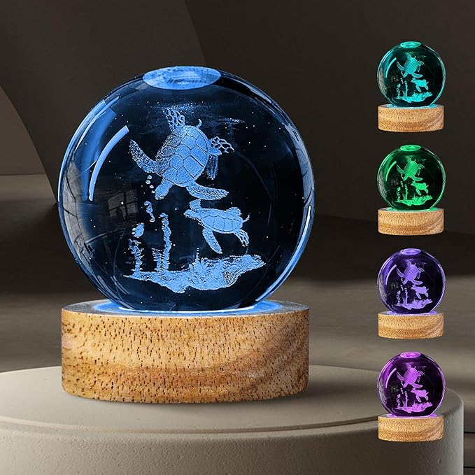 3D Sea Turtle Crystal Ball Night Light with 16 Color, 60mm Sea Turtle Figurine Glass Lamps with Remote Unique Turtle Room Table Decor Birthday Christmas Gifts for Boys Girls Friends