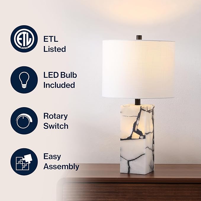 JONATHAN Y JYL8507A Elizabeth 24.25" Contemporary Coastal Alabaster LED Table Lamp with Body Night Light Bedroom, Living Room, Office, Dining Room, Black/White