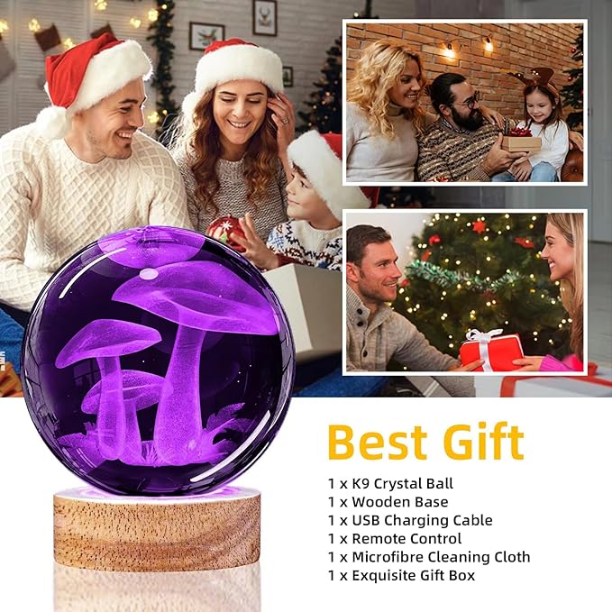 3D Mushroom Crystal Ball Night Light with Remote Upgraded 3.15 In Mushroom Glass Ball Table Lamps with 16 Color Led Wooden Base for Birthday Xmas Cute Mushroom Room Decor Gifts for Kids Women Teen