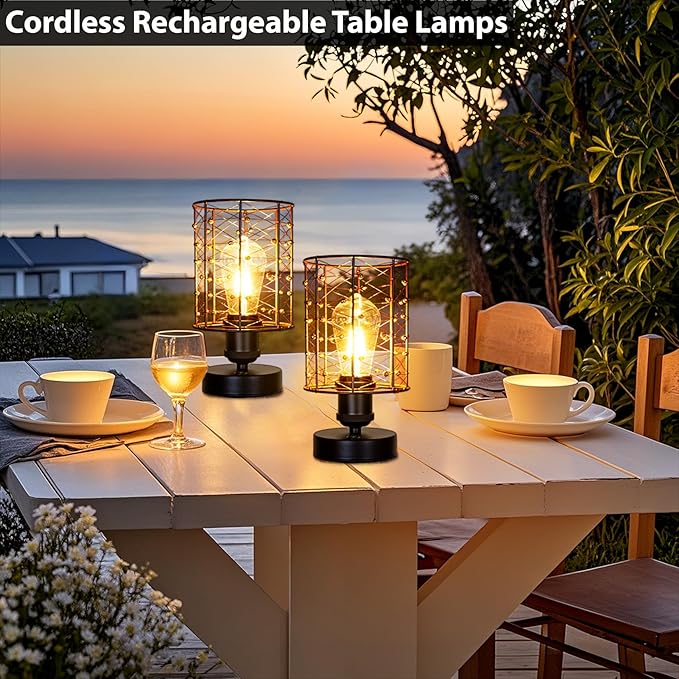 Cordless Rechargeable Outdoor Table Lamps, Battery Operated Table Lamp with Stepless Dimmable Table Lights, Outdoor Lamps for Patio, Living Room, Bedroom, Indoor- Set of 2