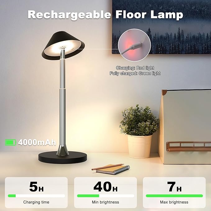 Rechargeable Floor Lamp for Indoor/Outdoor, Cordless Tall Standing Lamp with 3 Color Temps & Dimmable, IP43 Waterproof, Adjustable Height 16-56 Inch, Portable Pull-Up Lamp for Camping, Patio(Black)