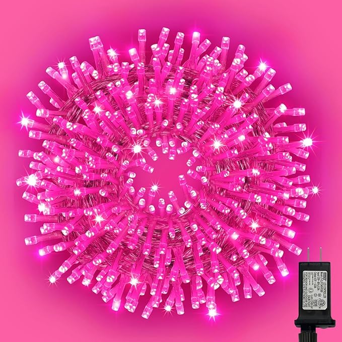 LAMPHOME 99ft Pink Valentine Lights String, 300 LED Valentines Day String Light Plug in, 16Lighting Modes Transparent Wire Fairy Starry for Indoor Outdoor Xmas Tree Wedding Party Decoration