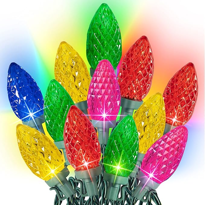 Dazzle Bright C9 Christmas String Lights, 100 LED 66 FT Waterproof Connectable Green Wire Fairy Lights, Christmas Lights for Indoor Outdoor Home Yard Xmas Tree House Decorations (Multi-Colored)