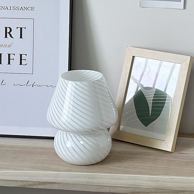 jonong Bedside Lamp Glass Striped Mushroom Table Lamp with 3 Color Modes LED Small Decorative Table Lamp for Gift Present,Suit for Bedroom, Living Room, Home Decor, Baby, Kids, Women (White)