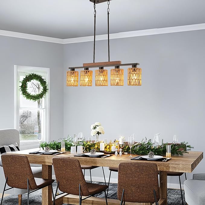 Boho Dining Room Light Fixture, 5-Light Rattan Chandelier, Farmhouse Woven Large Coastal Wicker Wood Bamboo Bohemian Rustic Rectangle Black Linear Pendant Lights Over Table for Kitchen Island