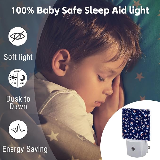 USA Flag and Paw Prints Night Light Plug into Wall, Cute American Patriotic Dog Prints Dusk to Dawn Night Light Plug in,0.5w Energy Saving Sleep Friendly NightLight for Kids Boys Girls Home Decor