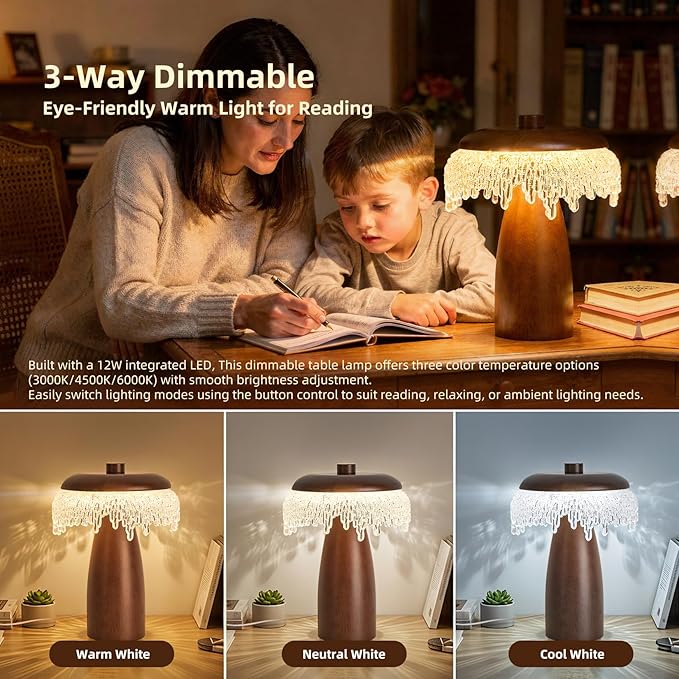 Wood LED Table Lamp,3 Color Temperature Table Lamps,12W Modern Table Lamp Plug-in Bedside Lamp for Bedroom,Nightstand,Living Room