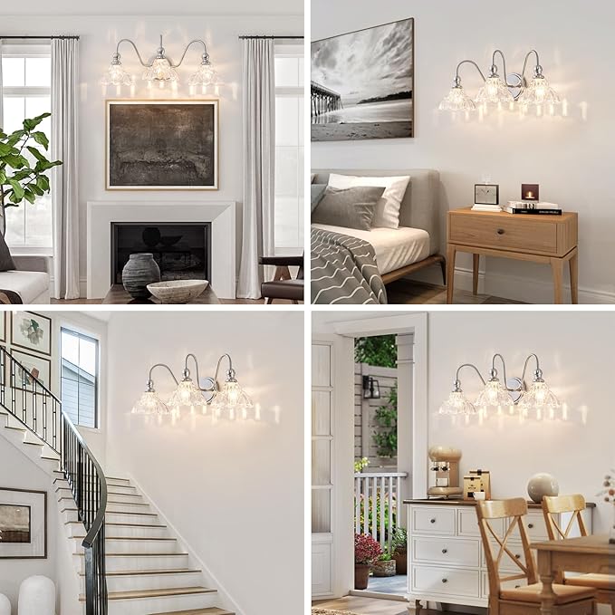 Vintage Bathroom Light Fixtures Over Mirror, 3-Light Brushed Nickel Wall Sconce Lighting with Flower Glass Shade, Farmhouse Vanity Lights for Bedroom Kitchen Living Room Hallway Light