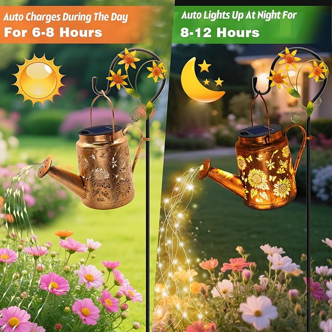 VOOKRY 2 Pack Sunflower Metal Solar Watering Can Lights, Solar Lights Outdoor Waterproof, Birthday Gifts for Women Mom Grandma, Hanging Lanterns Decorative Garden Decor for Outside Yard Patio Lawn