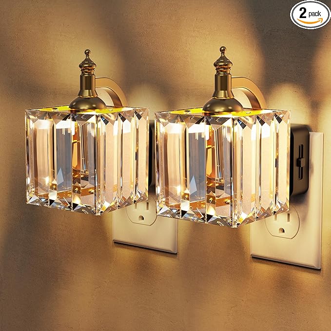 L LOHAS LED Night Light, 2 Pack Night Lights Plug into Wall, 3000K Soft White LED, Crystal Night Lights with Dusk to Dawn Sensor, 0-100lm Adjustable Brightness, for Hallway Bedroom Stairway