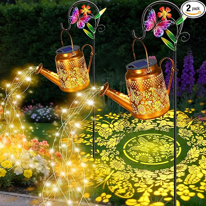 VOOKRY 2 Pack Butterfly Metal Solar Watering Can Lights, Solar Lights Outdoor Waterproof, Birthday Gifts for Women Mom Grandma, Hanging Lanterns Decorative Garden Decor for Outside Yard Patio Lawn