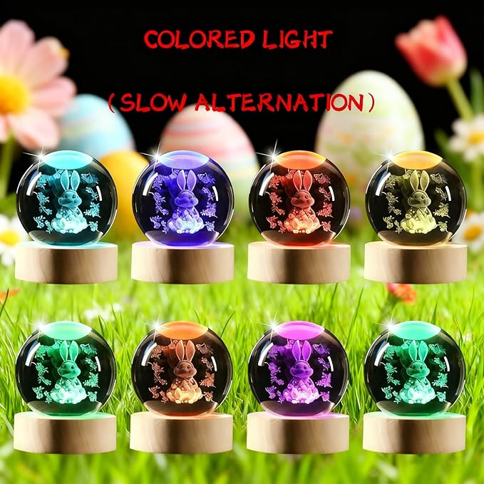 Easter Light up Bunny 3D Crystal Ball 60MM Rabbit Decor Sphere Figurine Collectibles Glass Art Animal Night Light for Kids